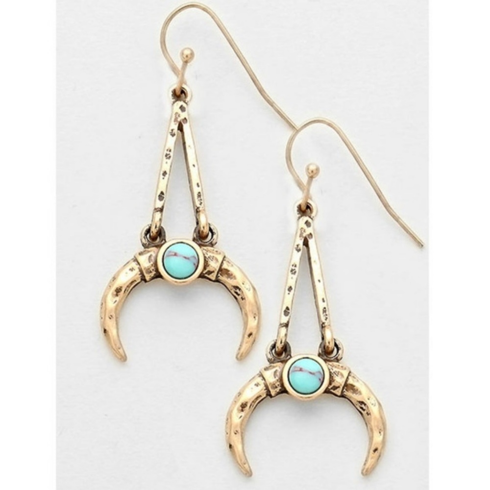 Gold Hammered Turquoise Stone Horn Hook Earrings